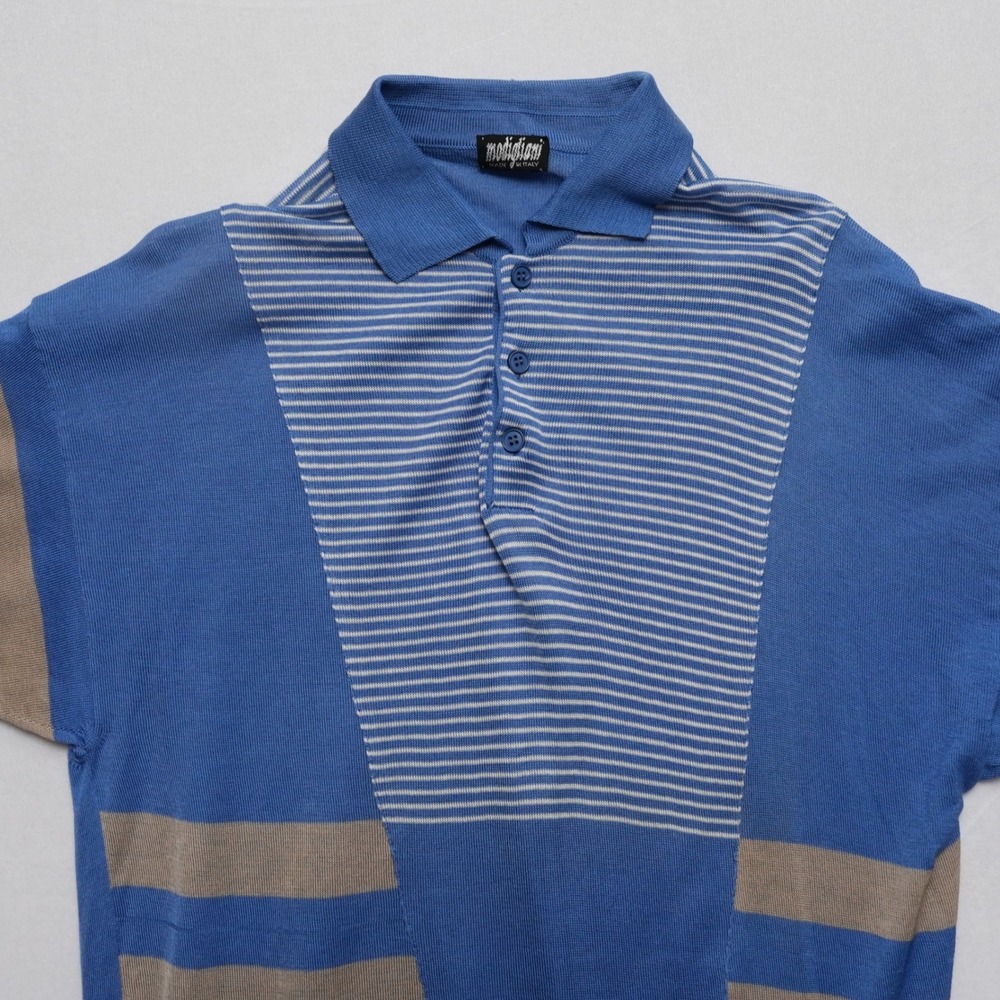 Vintage Modigliani Knit Polo Shirt Mens 48 Blue Striped Made in Italy 90s Retro - Picture 2 of 16